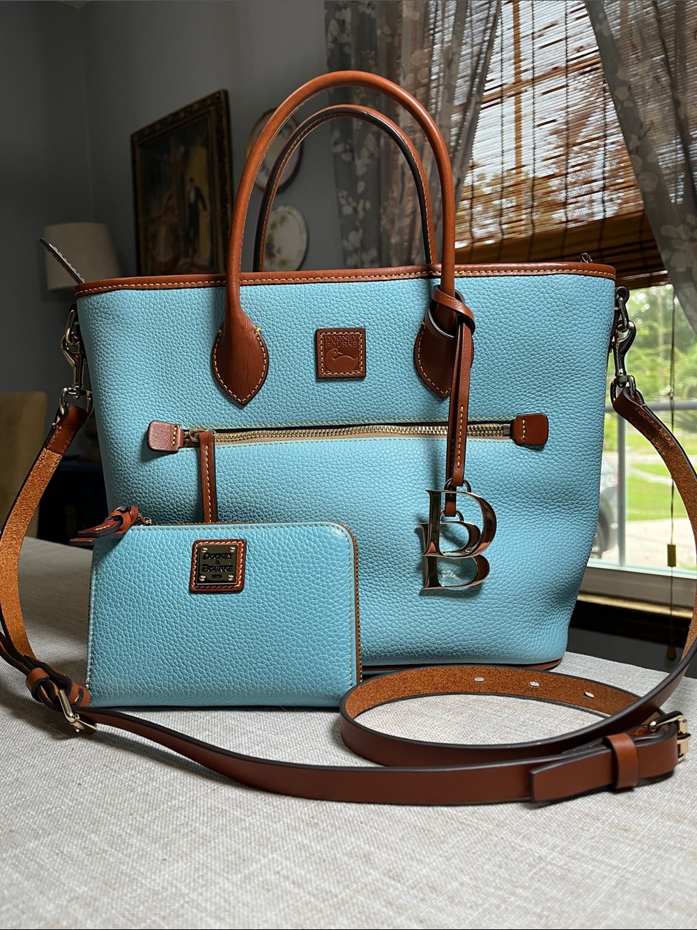 Dooney & Bourke Caribbean Blue Leather Tote with Medium Zip Wallet - Picture 2 of 11
